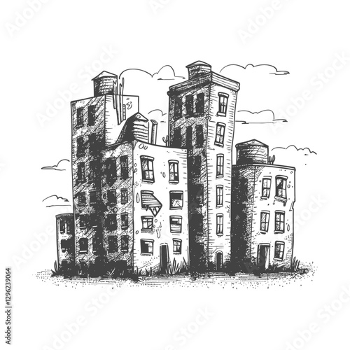 Hand Drawn Sketch Of Old Buildings With Windows And Cloudy Sky