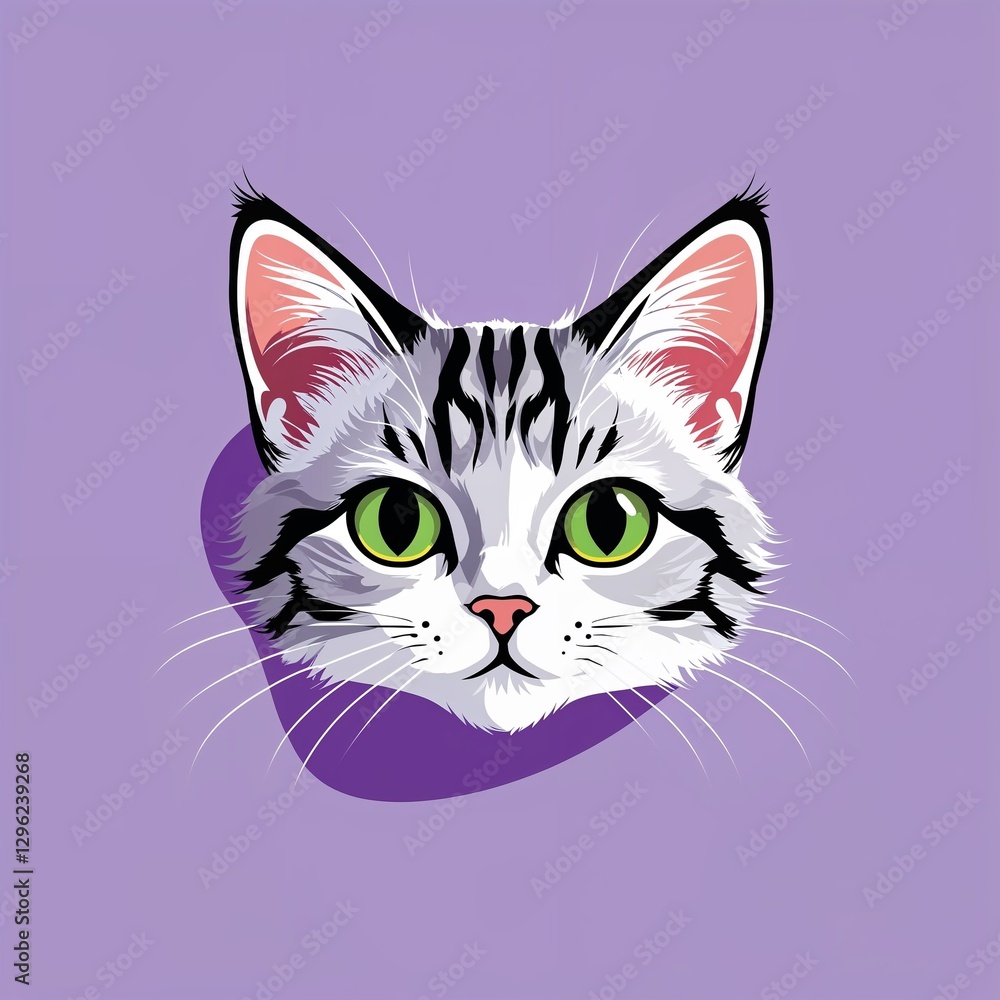 cat head on plain purple background childish style illustration cat head on plain purple background childish style illustration