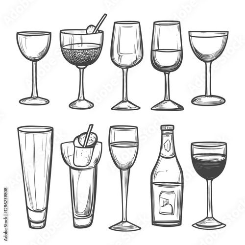 Hand Drawn Sketch Of Various Wine And Cocktail Glasses