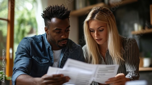 Wallpaper Mural A diverse couple, one with dark skin and the other with blonde hair, meticulously examined a financial statement, their faces reflecting the seriousness of their shared responsibility in building Torontodigital.ca