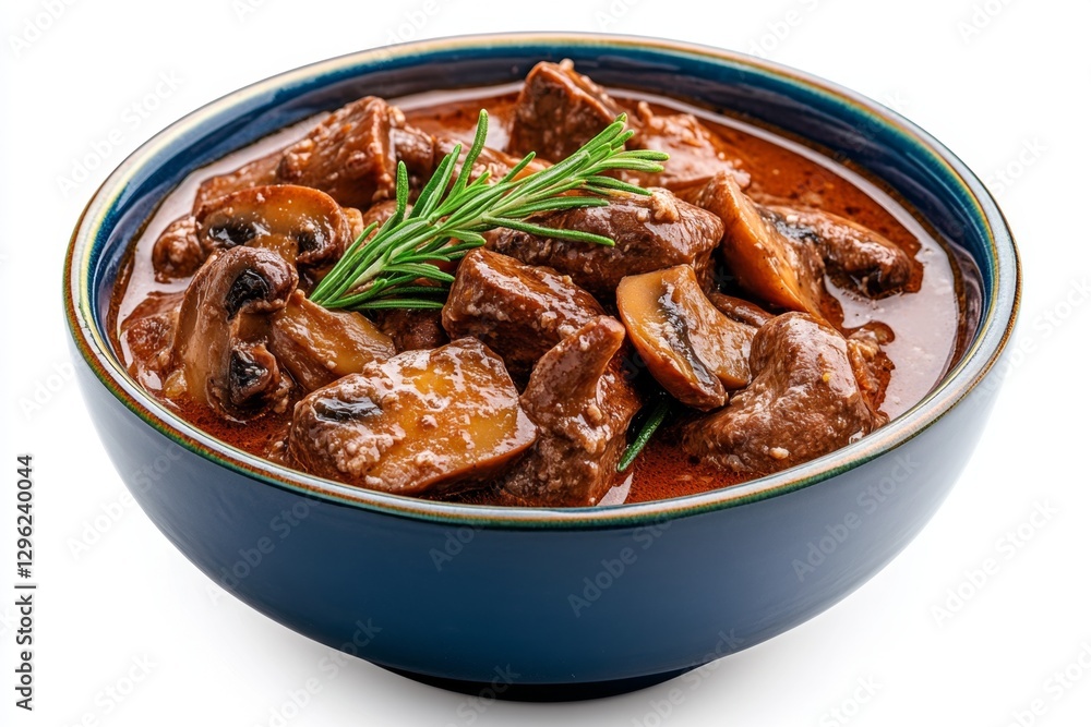 A bowl of mushroom soup with mushrooms and rosemary, top view isolated on a white background, ultra-realistic photography A bowl of mushroom soup with mushrooms and rosemary, top view isolated on a white background, ultra-realistic photography