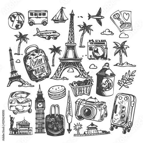 Hand Drawn Travel Illustration Featuring Landmarks Luggage And Accessories