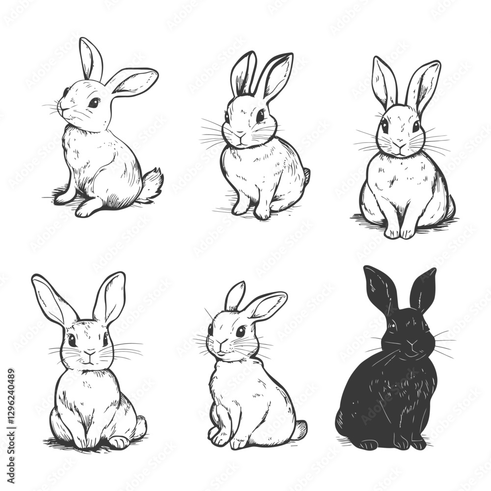 Six Hand Drawn Sketches Of Sitting Rabbits In Various Poses Six Hand Drawn Sketches Of Sitting Rabbits In Various Poses
