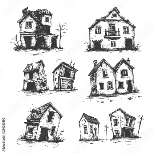 Six Hand Drawn Sketches Of Distressed And Abandoned Houses