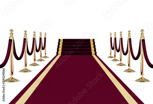 Black red carpet with stairs, podium, ropes and golden stanchions. Vector illustration.