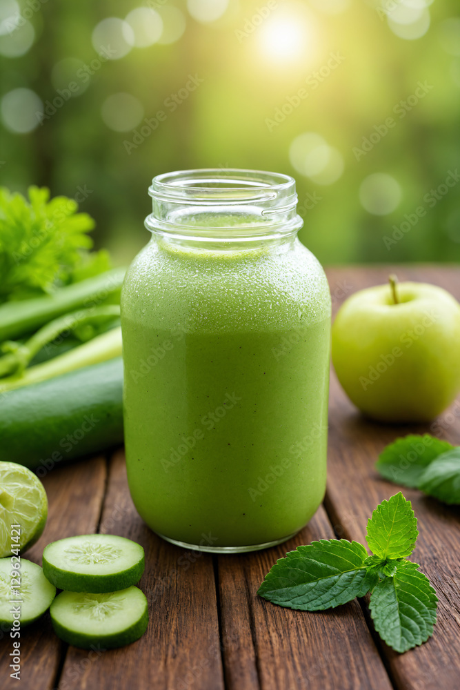 Fresh green smoothie with cucumber, apple, and mint in a jar Fresh green smoothie with cucumber, apple, and mint in a jar