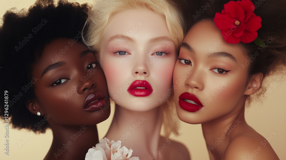 Obraz premium High fashion beauty portrait featuring diverse models: caucasian blond, afro-american and asian