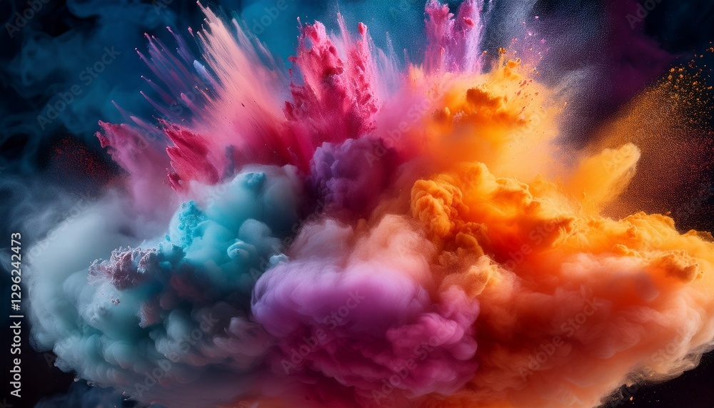 A detailed shot of soft clouds of powdered pigment dispersing in the air, with vibrant colors swirling and mixing, creating a dynamic and artistic visual effect. A detailed shot of soft clouds of powdered pigment dispersing in the air, with vibrant colors swirling and mixing, creating a dynamic and artistic visual effect.