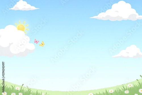 field of daisies with a sun and clouds in the background