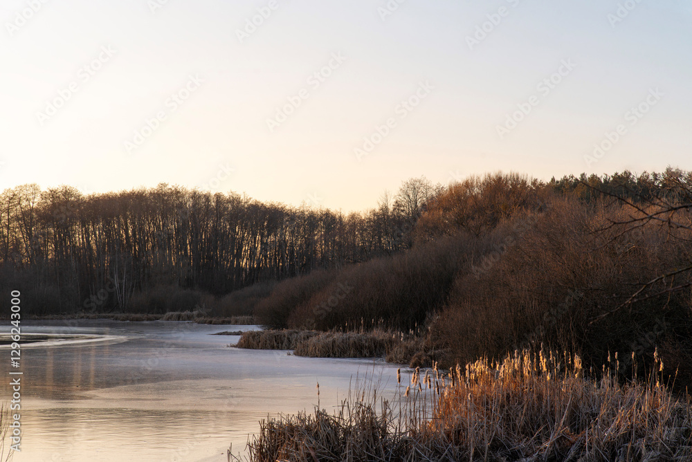 Winter landscape with frozen lake and trees at dusk Winter landscape with frozen lake and trees at dusk