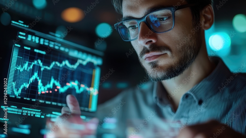 A determined businessman, his face etched with concentration, meticulously scrutinized sales data and an economic growth graph displayed on a tablet. His eyes reflected the strategic depth of his A determined businessman, his face etched with concentration, meticulously scrutinized sales data and an economic growth graph displayed on a tablet. His eyes reflected the strategic depth of his