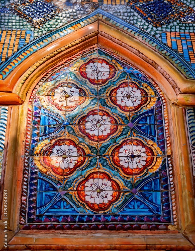 Obraz premium A macro shot of a colorful tile mosaic on a historic building, showcasing intricate symmetrical patterns and vibrant colors, highlighting the craftsmanship and historical artistry.