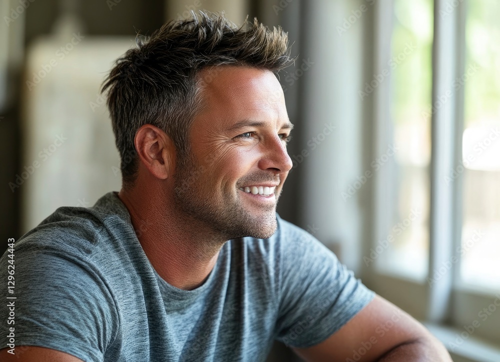 Close-up portrait of a handsome, smiling man with short hair and a beard, looking to the side with a window in the background. Close-up portrait of a handsome, smiling man with short hair and a beard, looking to the side with a window in the background.