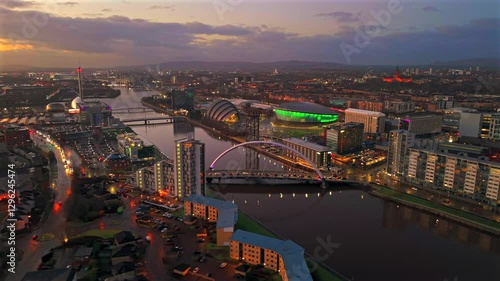 Aerial Clyde river Glasgow with Arc bridge, armadillo dome sec center