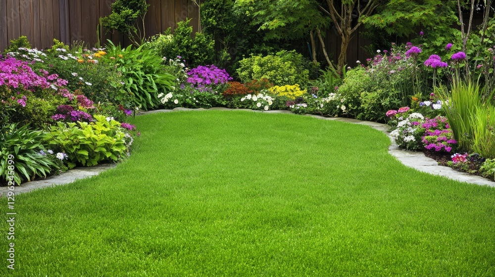 Naklejka premium A front yard with an open and airy layout, featuring neatly arranged small shrubs and flowers.