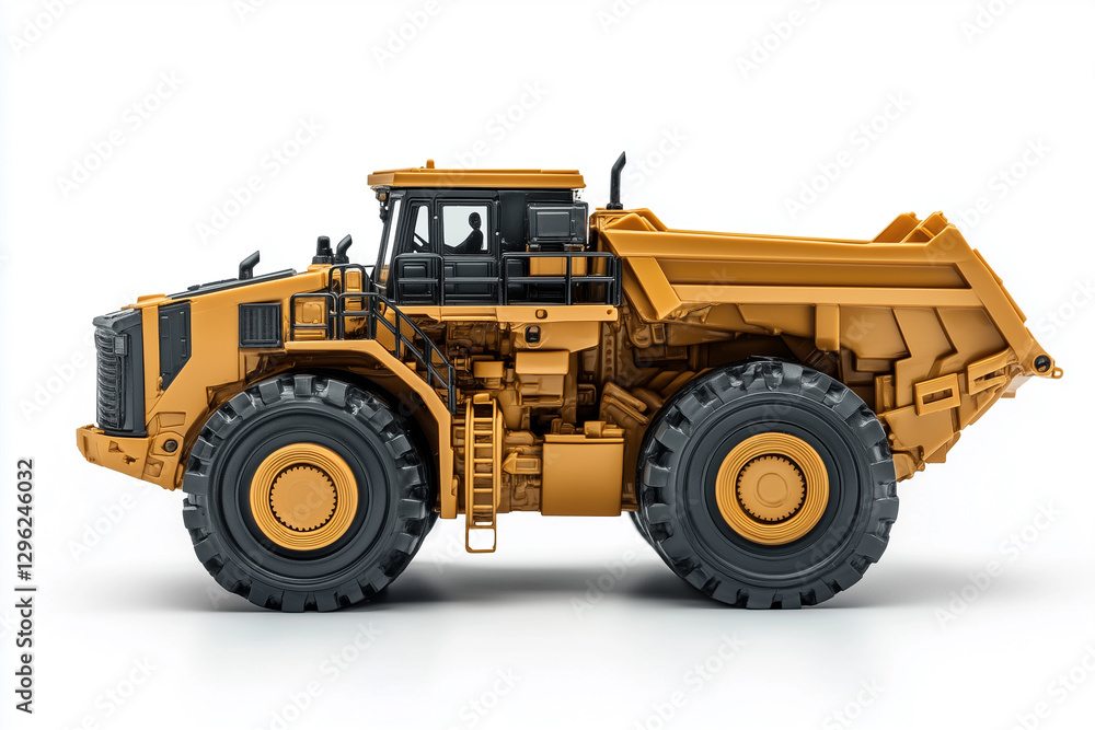 Underground loader, Mining vehicle, side profile, collectible vehicle miniature, white background Underground loader, Mining vehicle, side profile, collectible vehicle miniature, white background