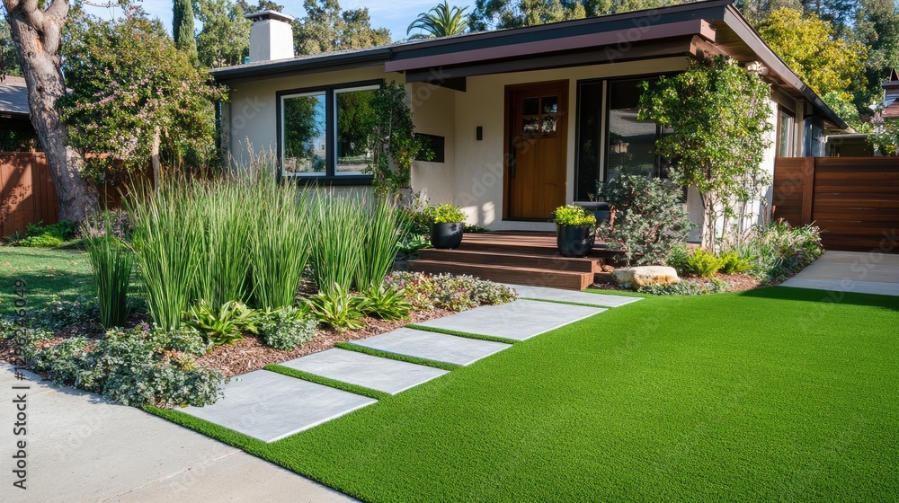 A front yard with artificial grass and carefully arranged plants for a clean, low-maintenance look. A front yard with artificial grass and carefully arranged plants for a clean, low-maintenance look.