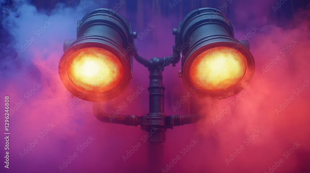 Twin lights illuminate smoky forest scene Twin lights illuminate smoky forest scene