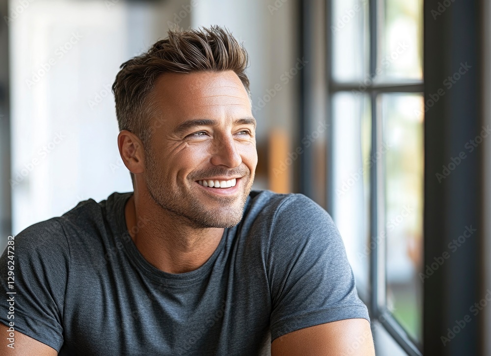 Close-up portrait of a handsome, smiling man with short hair and a beard, looking to the side with a window in the background. Close-up portrait of a handsome, smiling man with short hair and a beard, looking to the side with a window in the background.