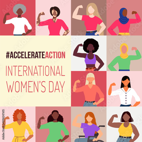 A poster of women with the caption "International Women's Day" and the hashtag #accelerateaction