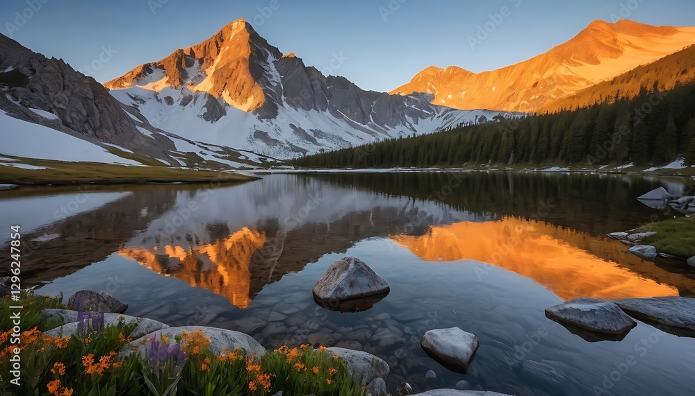 Naklejka premium Mountain Reflection at Lake During Golden Hour with Flowers in Foreground