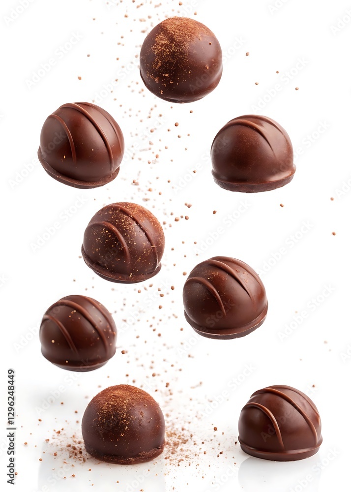 Fototapeta premium Falling chocolate chips, scattered chocolate chips on white background, floating chocolate chips,