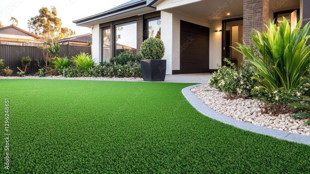 A luxurious front yard with symmetrical planting and a mix of natural and artificial grass. A luxurious front yard with symmetrical planting and a mix of natural and artificial grass.