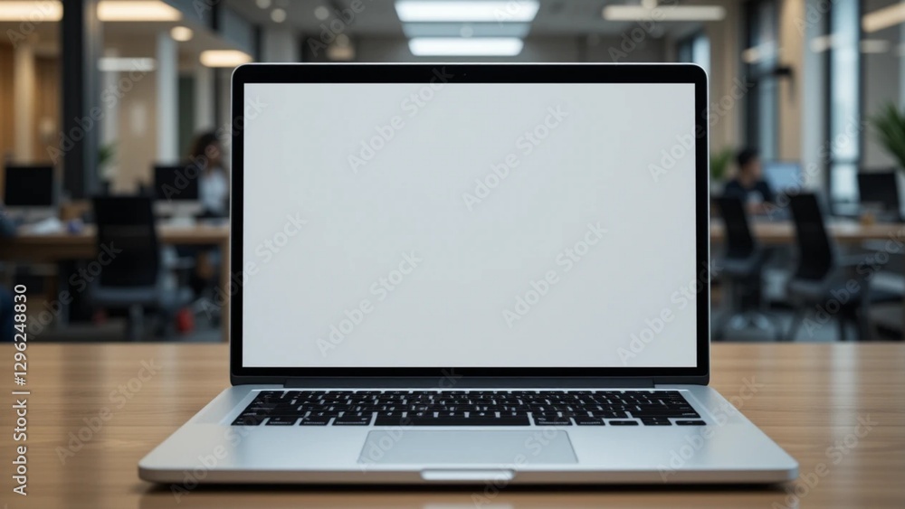 Fototapeta premium A modern laptop with a blank screen on a wooden desk in a blur office background