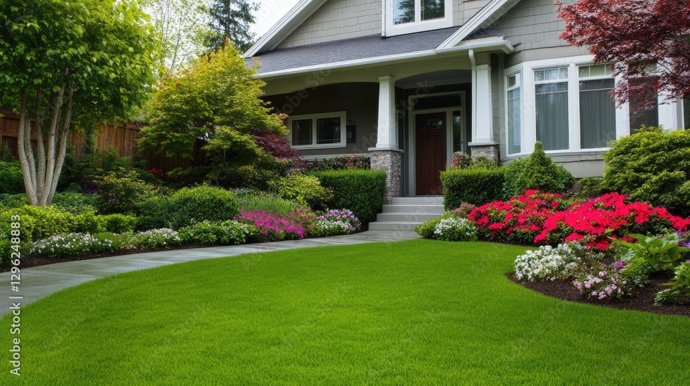 Obraz premium A minimalist front yard layout with carefully positioned greenery to avoid door blockage.