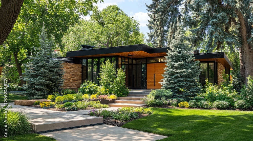 A modern house front yard with tree placement that complements architectural elements. A modern house front yard with tree placement that complements architectural elements.