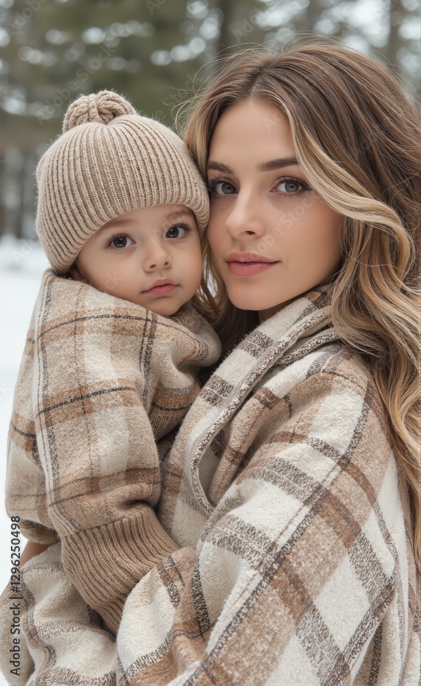 Obraz premium Close-up portrait of a young blonde mother tenderly holding her toddler wrapped in a cozy plaid blanket in a snowy winter setting.