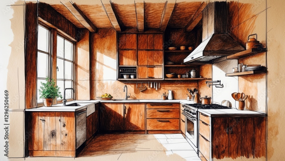 Kitchen interior sketch. Wood cabinets, countertop, sink under window. Hand drawn design in brown and white tones. Kitchenware, plant pot on background. Kitchen interior sketch. Wood cabinets, countertop, sink under window. Hand drawn design in brown and white tones. Kitchenware, plant pot on background.