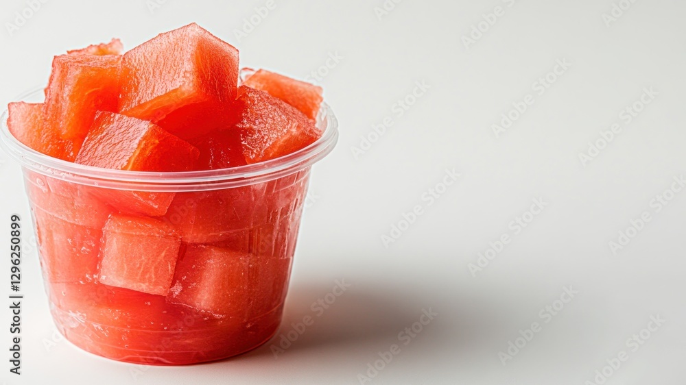 fresh watermelon cubes in plastic cup on white background with copy space. vibrant summer fruit concept. refreshing snack, healthy eating diet. food, menu design, culinary arts poster, recipe fresh watermelon cubes in plastic cup on white background with copy space. vibrant summer fruit concept. refreshing snack, healthy eating diet. food, menu design, culinary arts poster, recipe