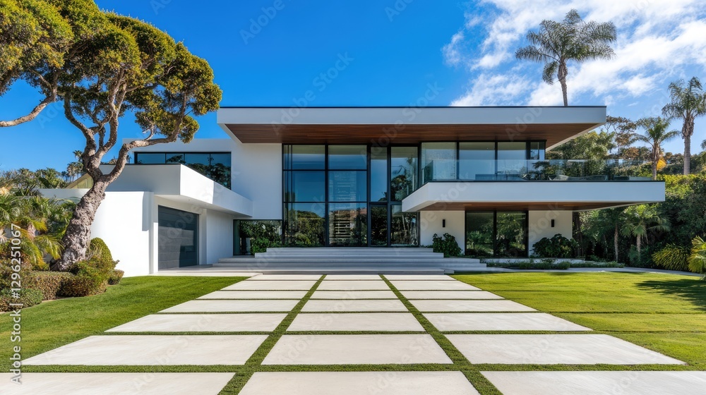 Fototapeta premium A spacious front yard with trees planted strategically to prevent entrance blockage.