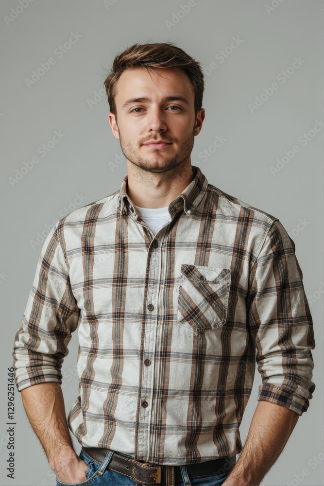 Portrait of a young, handsome man wearing a plaid shirt and jeans against a grey background. Portrait of a young, handsome man wearing a plaid shirt and jeans against a grey background.