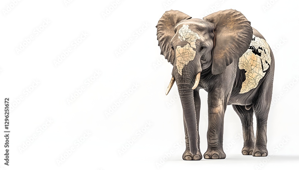 Fototapeta premium Elephant with world map markings stands against a plain background