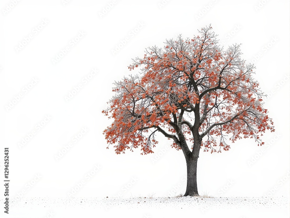 A single tree with red leaves covered in frost stands in a snowy landscape against a white background. A single tree with red leaves covered in frost stands in a snowy landscape against a white background.