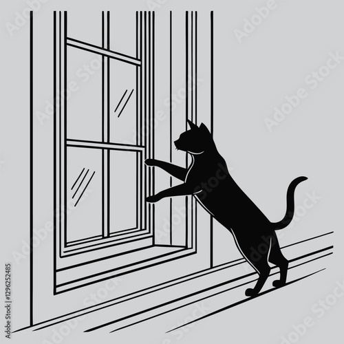 a cat leaping onto a windowsill silhouette vector design art and illustration