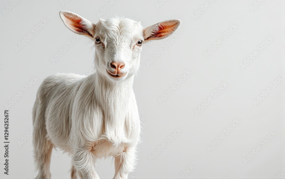 A cute white baby goat looking directly at the camera against a light grey background. A cute white baby goat looking directly at the camera against a light grey background.