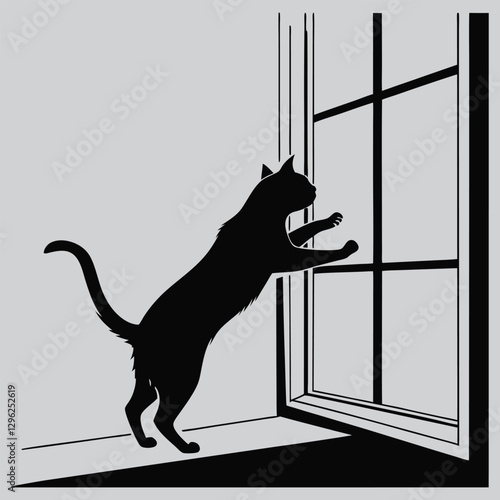 a cat leaping onto a windowsill silhouette vector design art and illustration