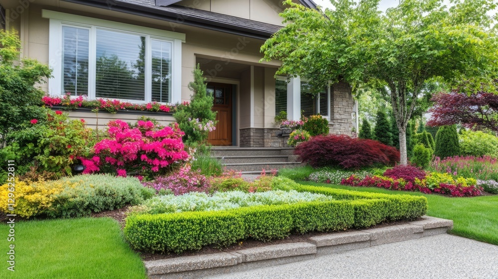 A well-manicured front yard with a variety of greenery and colorful flowers. A well-manicured front yard with a variety of greenery and colorful flowers.