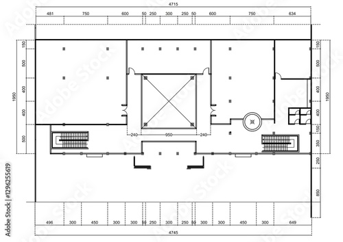 Mosque floor plan with dimensions (4715 x 4745). Architectural drawing. Building layout, technical plan. Top-down view, room measurements, and construction blueprint. Design and engineering.