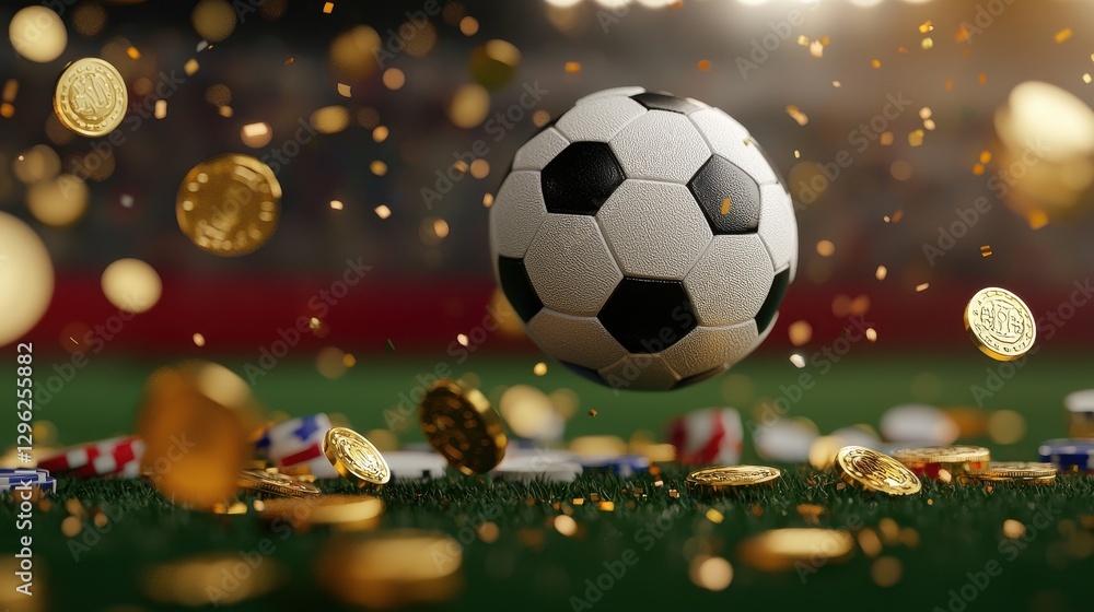 Naklejka premium Soccer Ball Surrounded by Flying Coins in Dynamic Sports Scene