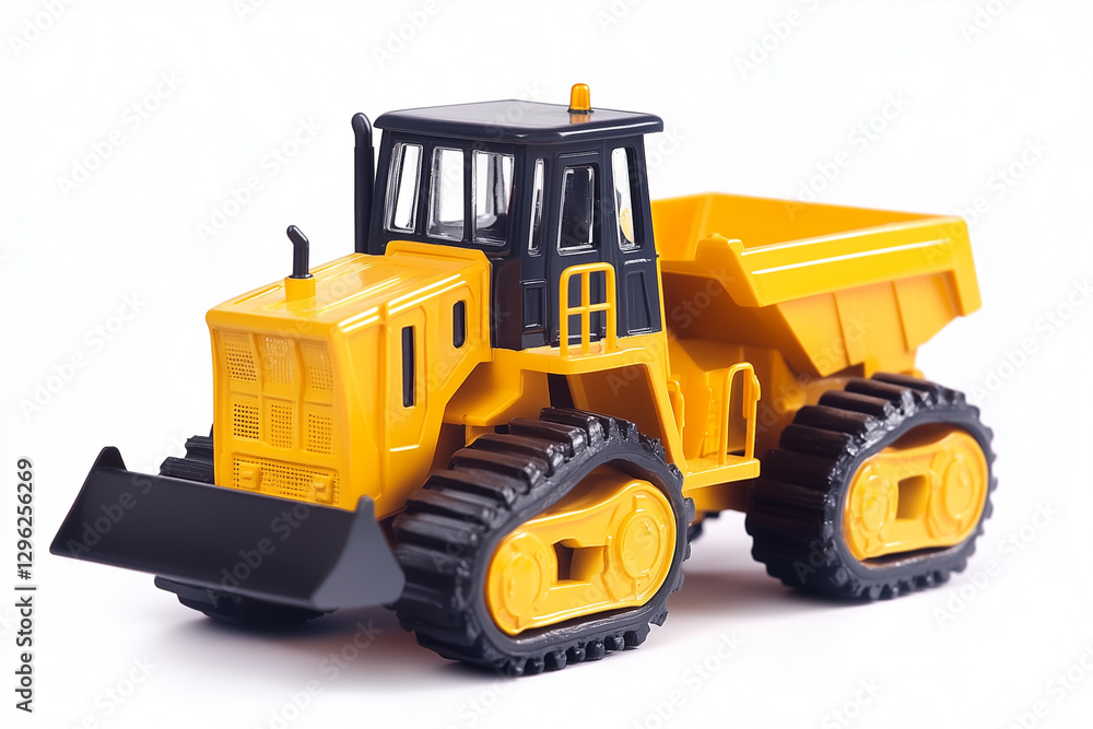 Toy version of Mining dozer, Mining vehicle, white background, vehicle toy, bright colors Toy version of Mining dozer, Mining vehicle, white background, vehicle toy, bright colors