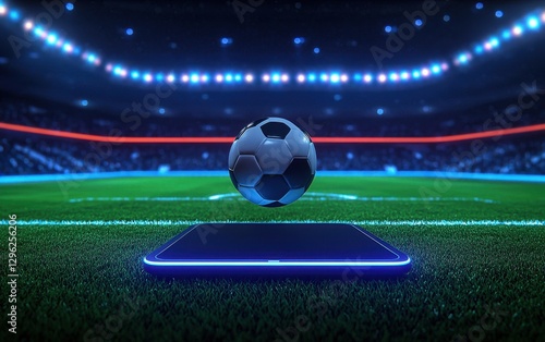 Floating Soccer Ball Above Modern Smartphone on Football Field