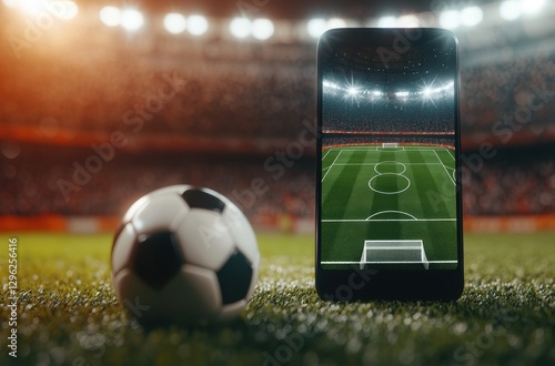 Mobile Phone Displaying Soccer Field with Ball on Stadium Grass