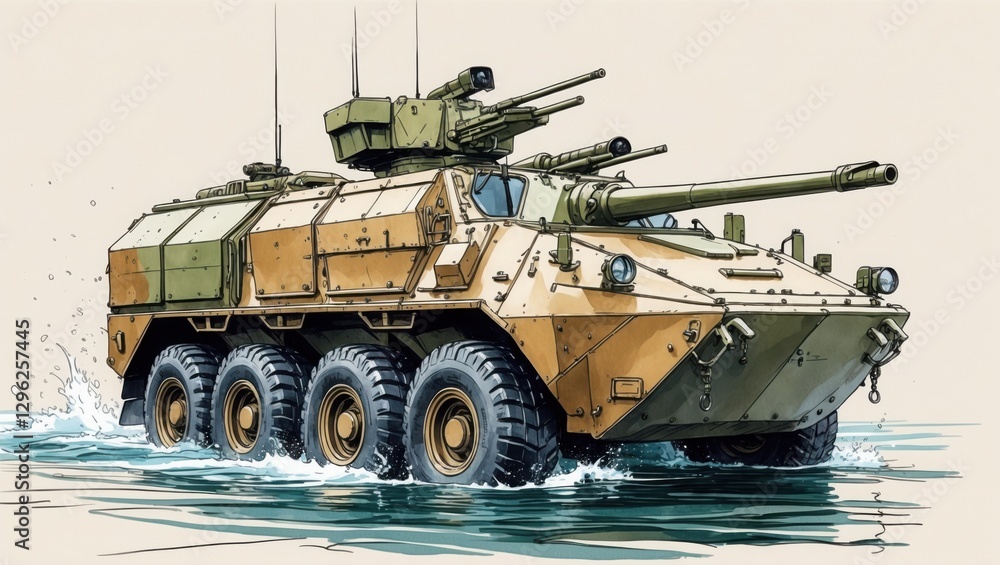 Ink drawing of military vehicle driving through water. Armored vehicle has multiple wheels and large gun. Vehicle is tan and green color. Ink drawing of military vehicle driving through water. Armored vehicle has multiple wheels and large gun. Vehicle is tan and green color.