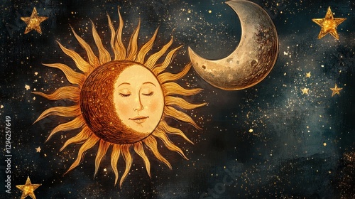 Sun and moon celestial artwork with stars. (1)