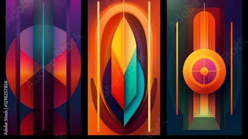 Colorful neo geometric poster. Grid with color geometrical shapes. Modern abstract promotional flyer background vector illustration set. Geometric template poster, brochure neo pattern with background