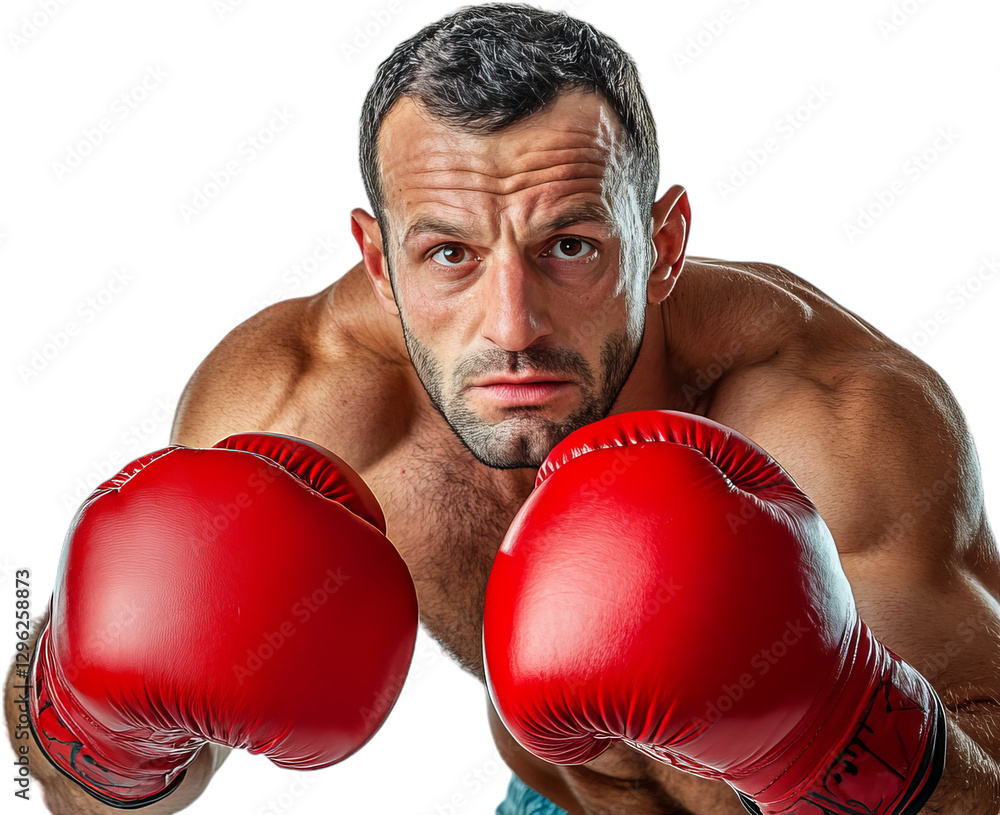 Determined Boxer Ready to Fight with Red Gloves and Intense Expression Captured in Studio Setting Determined Boxer Ready to Fight with Red Gloves and Intense Expression Captured in Studio Setting